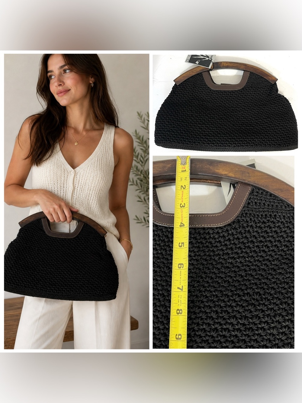 NWT EGO Black Crochet Bag with Wooden Handle